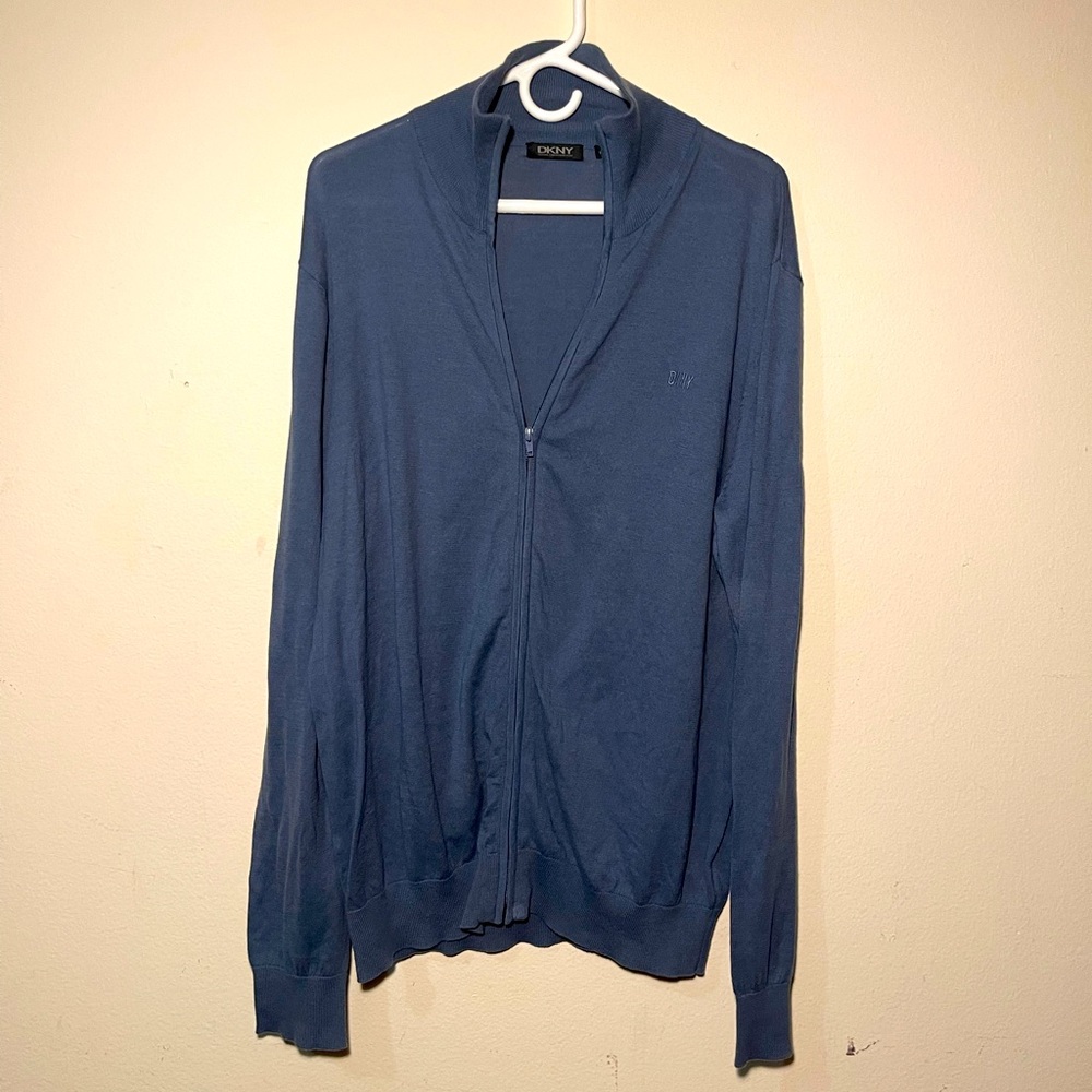 DKNY Mens Blue Long Sleeved Full Zip Lightweight Ribbed Sweater Jacket Size XL